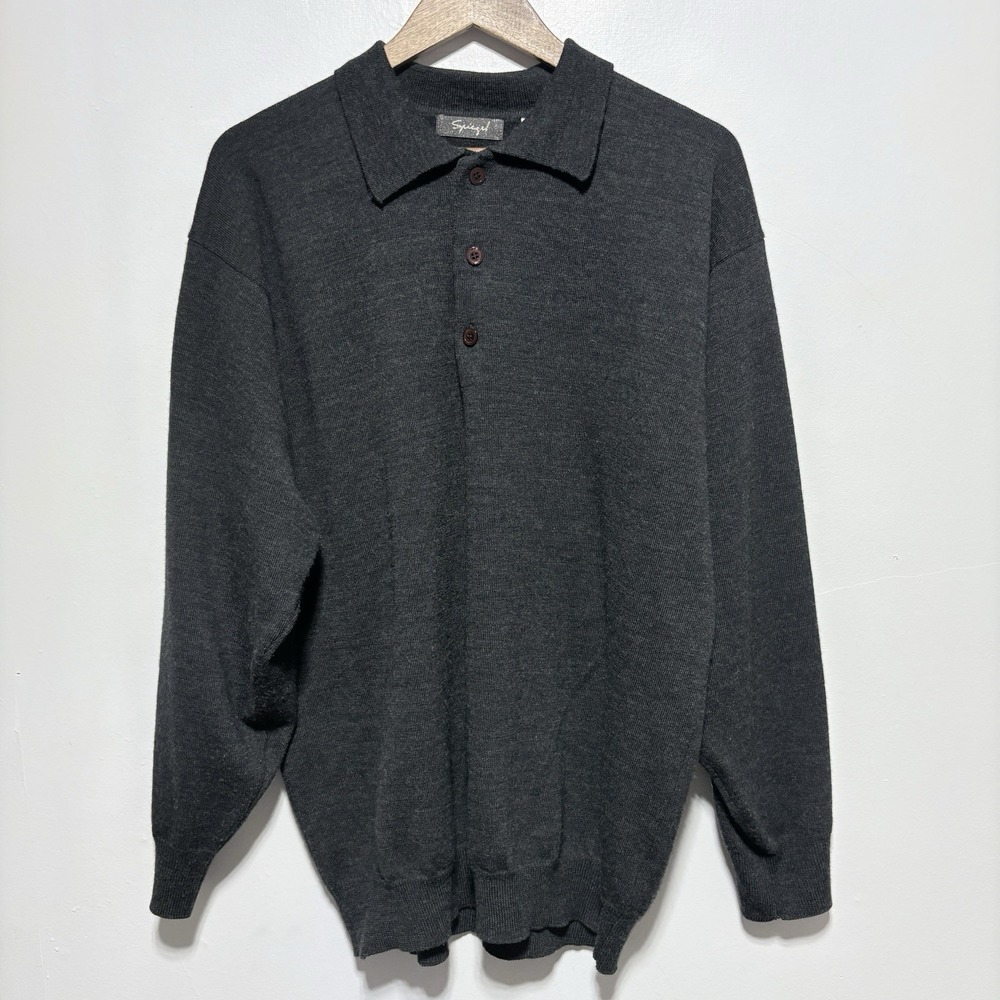 Spiegel Sweater Mens XL Gray Merino Wool VTG Button Neck Long Sleeve Pullover